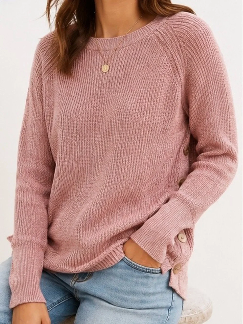 LOFT COTTON SIDE BUTTON SWEATER BLUSH PINK (size S)